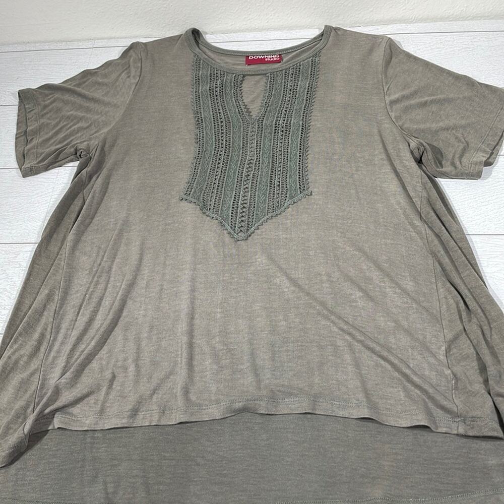 Downing Studio Olive Green High Low Crochet Tunic Top L